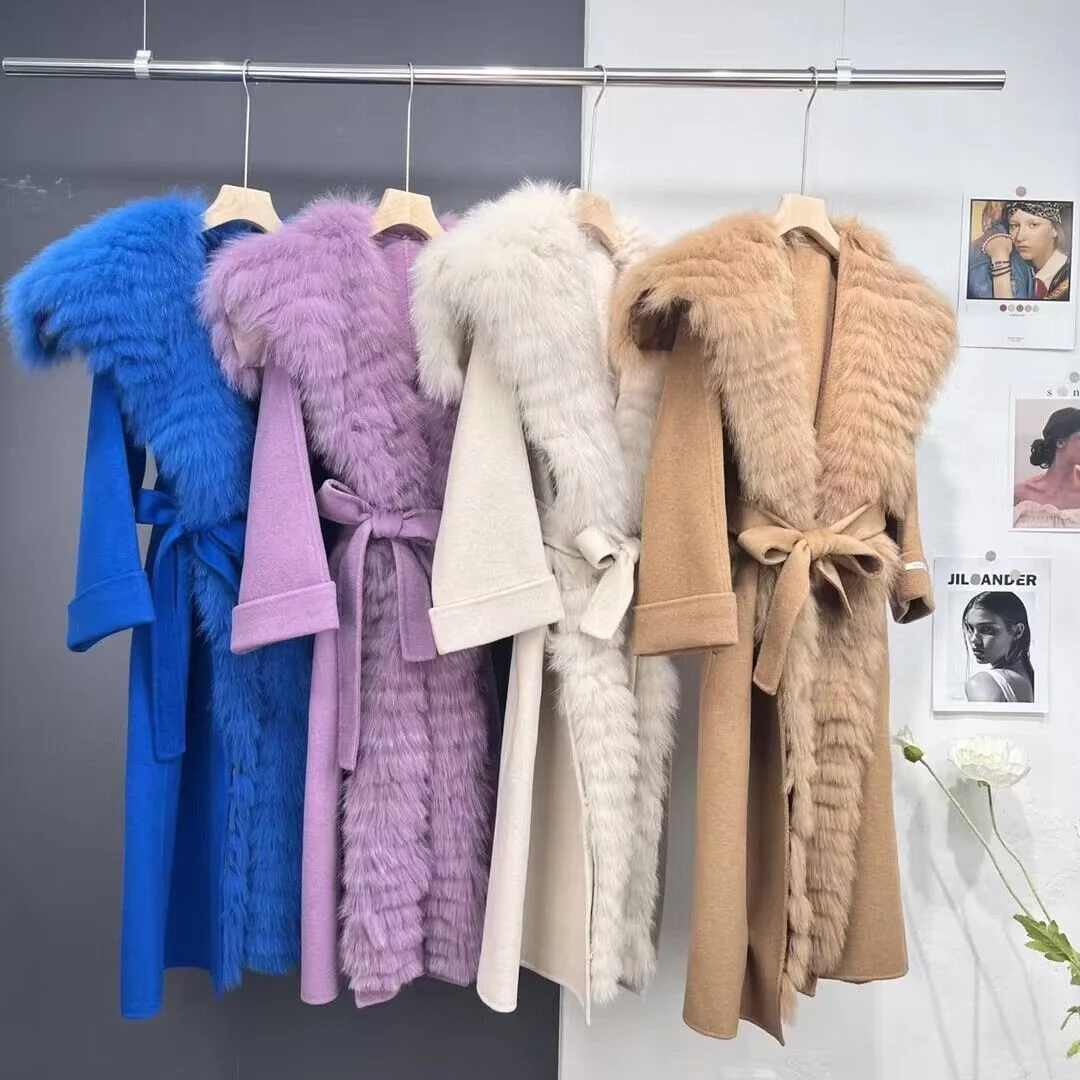 Long fabric coat with fur panels color-range source