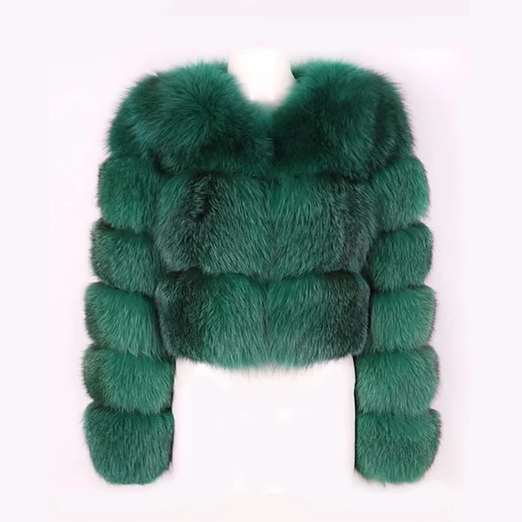 Green shawl-collar cropped fur jacket