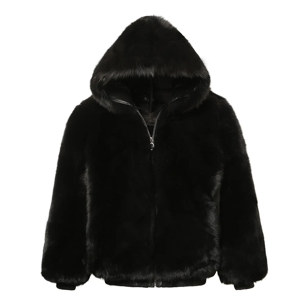 Black mens hooded fur coat front reference