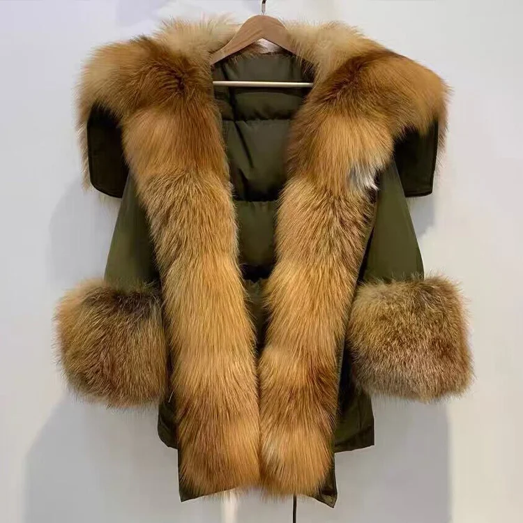 Olive fur-trim parka hanging front reference