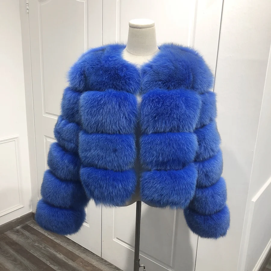 Round-neck horizontal-panel fur jacket