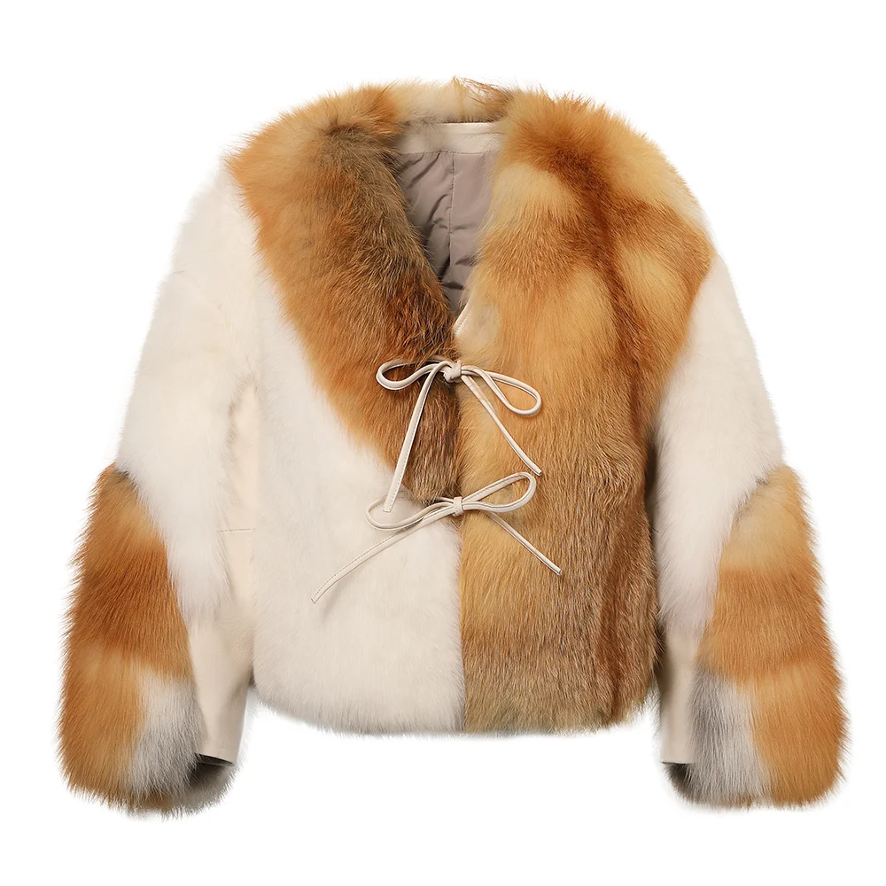 White and warm-brown fur panel jacket front reference