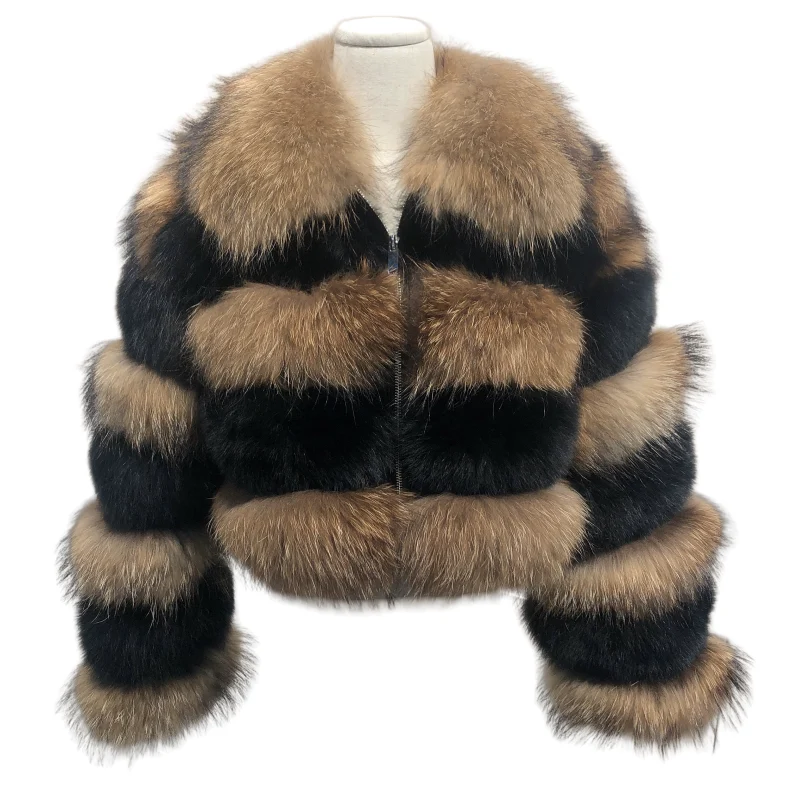Zip-front color-block fur jacket
