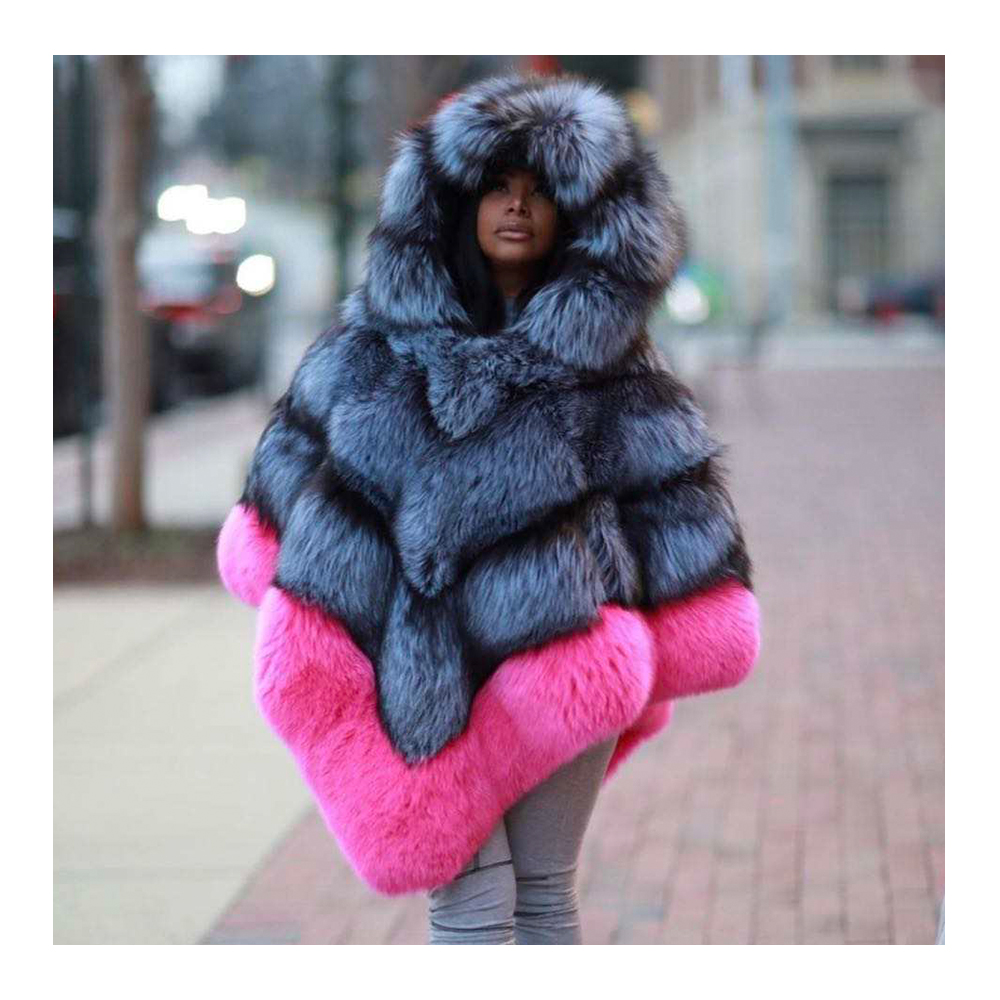 Hooded long cape reference in grey-black and pink