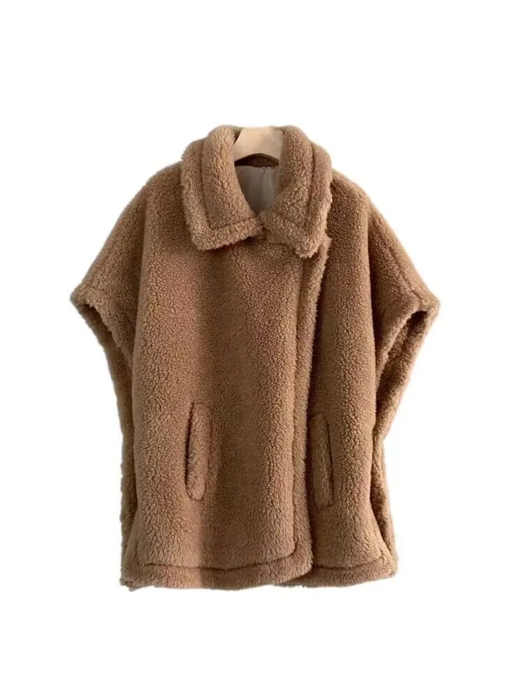 Tan wrap-cape front reference