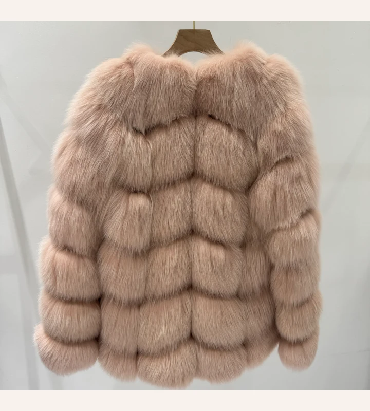 Pink Horizontal-Panel Fox Fur Coat — front view