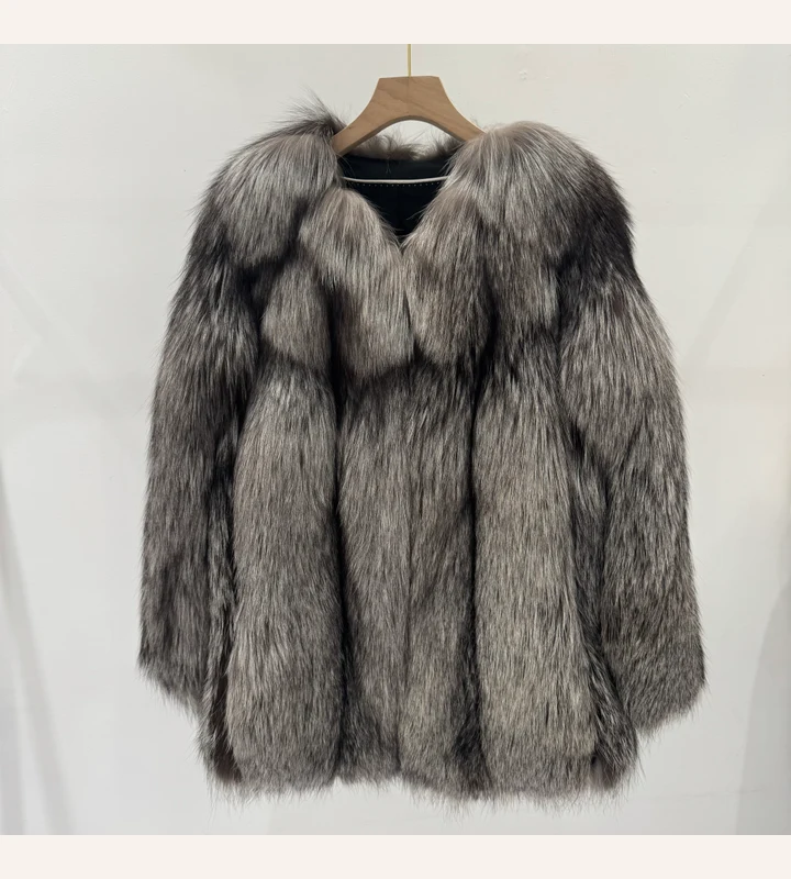 Silver-Tone Vertical-Panel Fox Fur Coat — front view