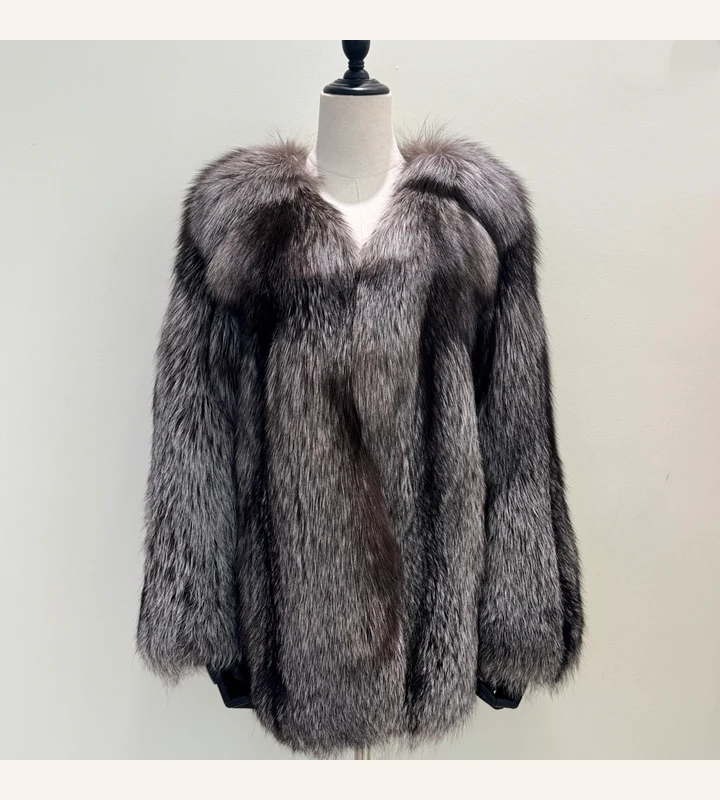 Silver-Tone Round-Neck Fox Fur Coat — front view