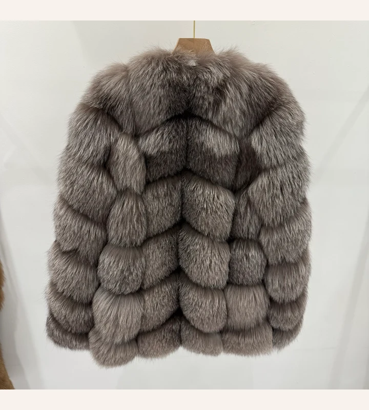 Silver-Tone Horizontal-Panel Fox Fur Coat — front view