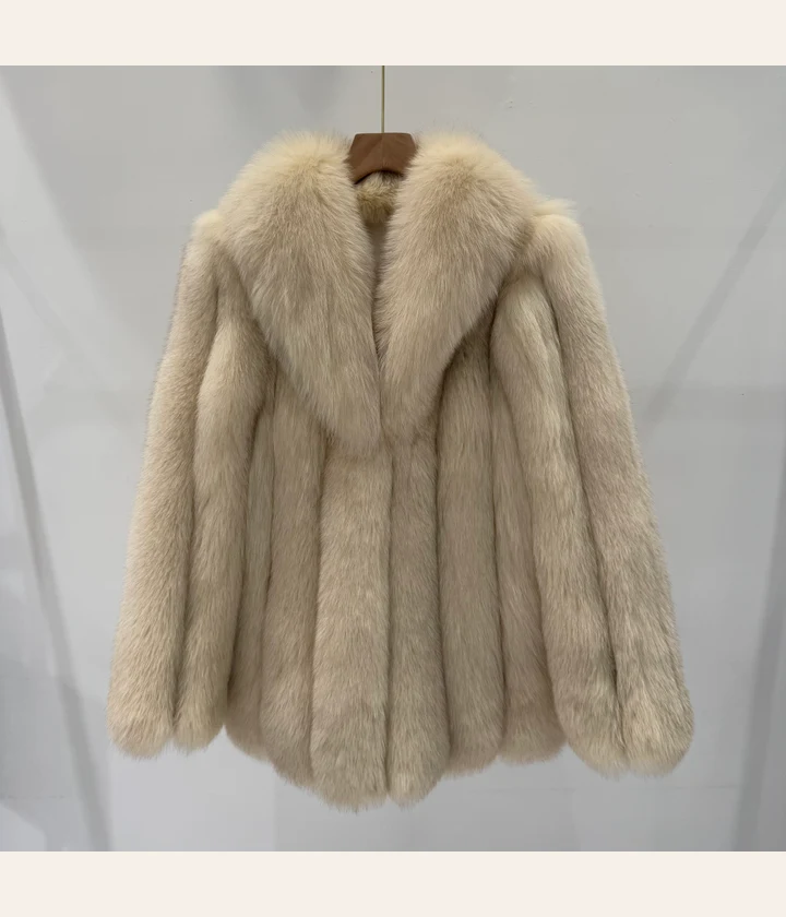 Vanilla-Tone Sculpted-Collar Fox Fur Coat — front view