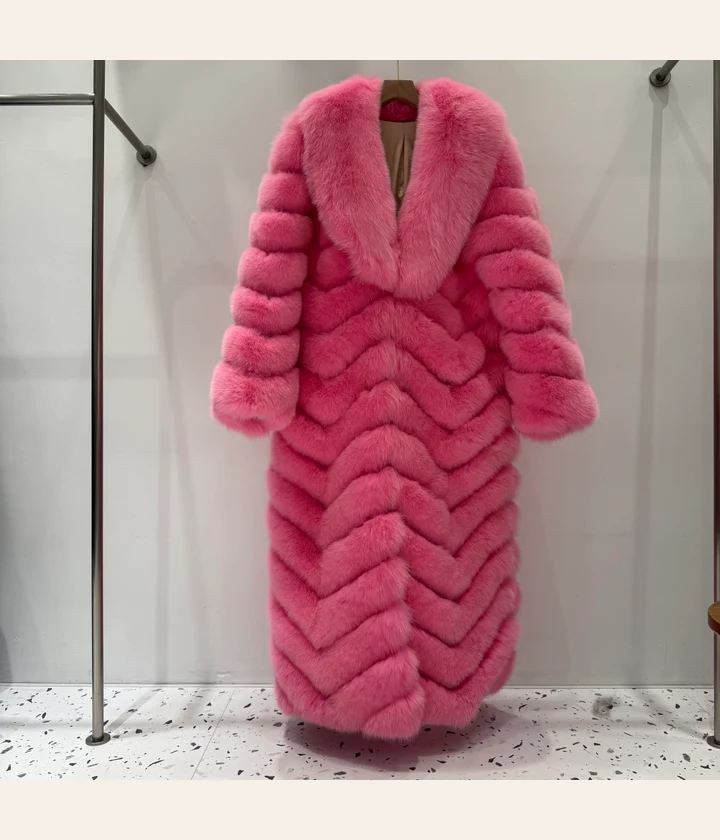 Rose-Red Full-Length Fox Fur Coat — front view
