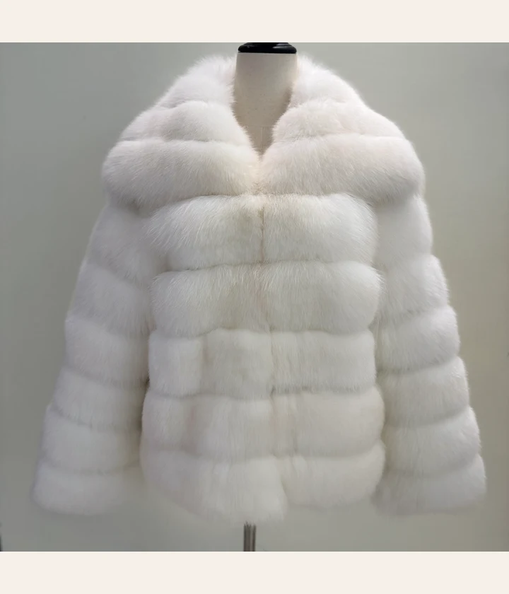 White Notch-Lapel Fox Fur Jacket — front view