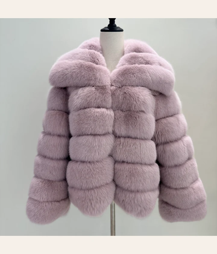 Pink-Purple Notch-Lapel Fox Fur Jacket — front view