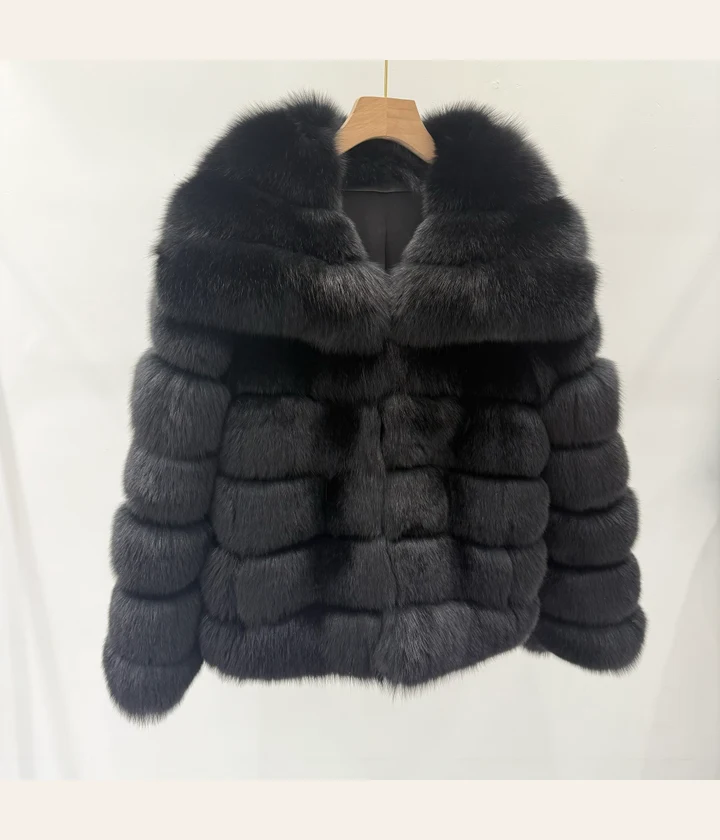 Black Hip-Length Panelled Fox Fur Jacket — front view