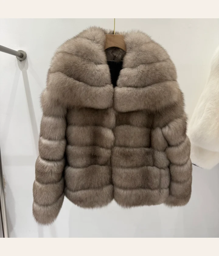 Grey Two-Tone Panelled Fox Fur Jacket — front view