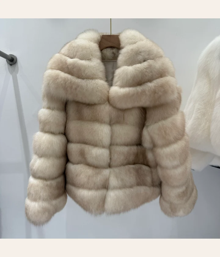 Beige Two-Tone Panelled Fox Fur Jacket — front view