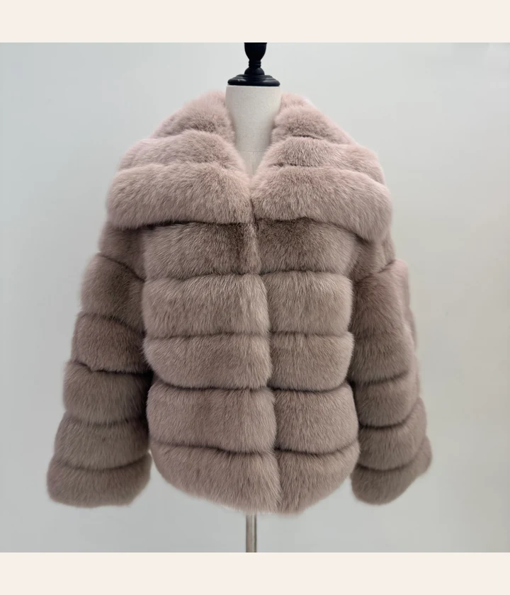 Cocoa Notch-Lapel Fox Fur Jacket — front view
