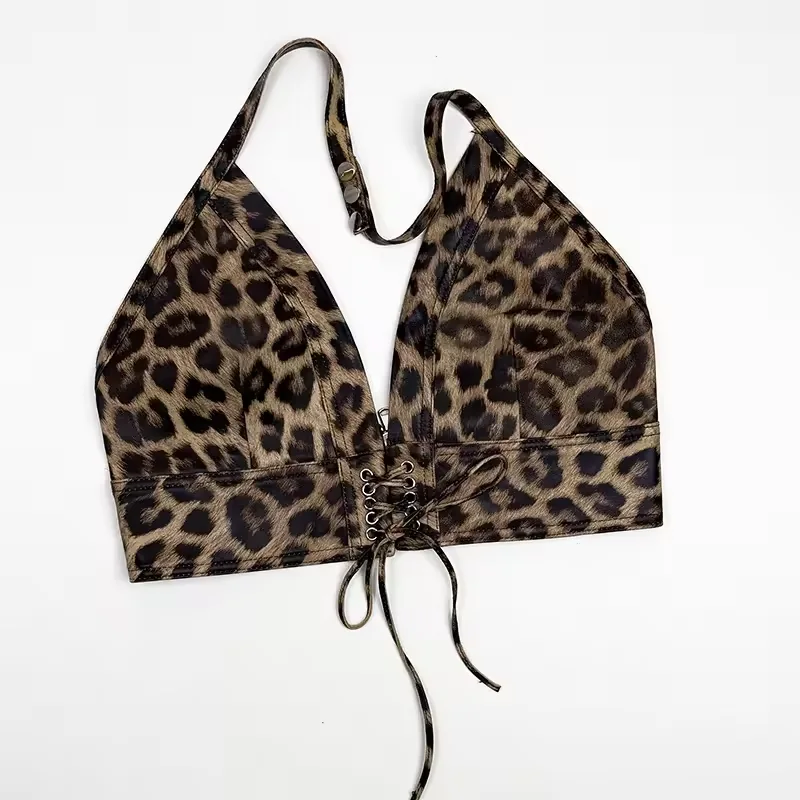 Leopard print sheepskin leather lace-up halter top laid flat