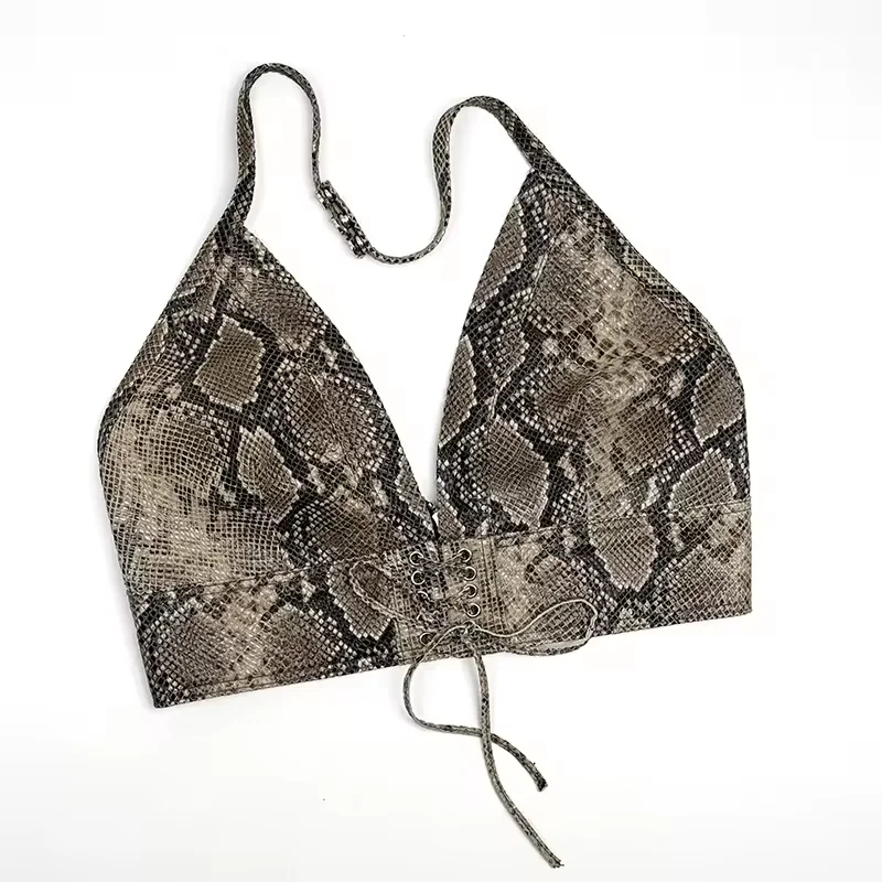 Snake print sheepskin leather lace-up halter top laid flat