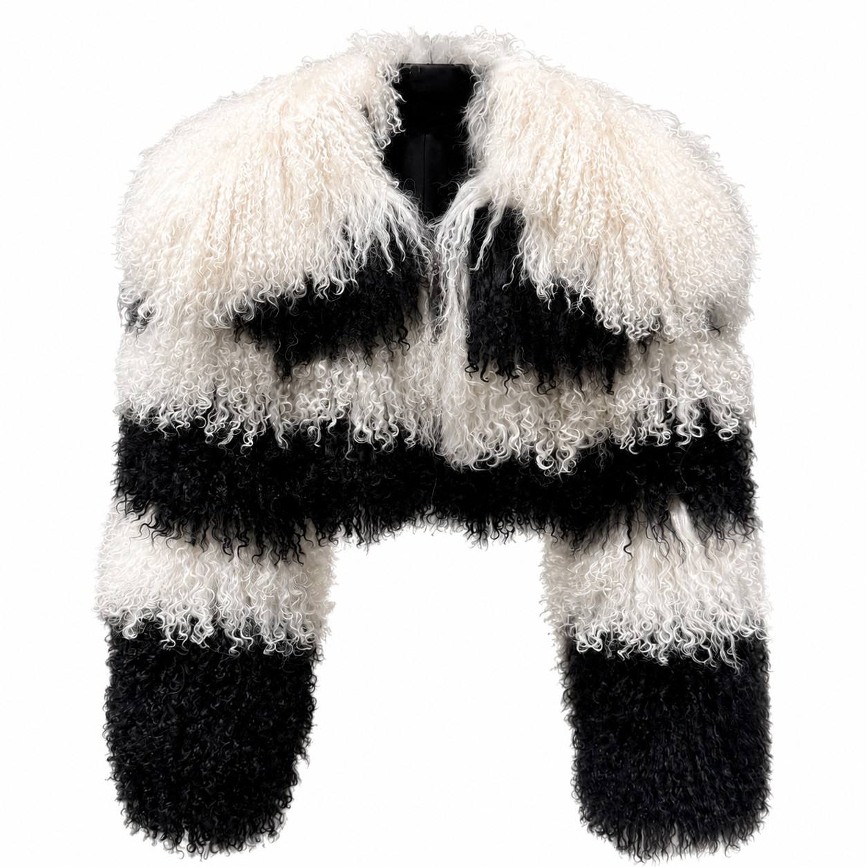 Mongolian Lamb Fur Jacket — Black and White Stripe
