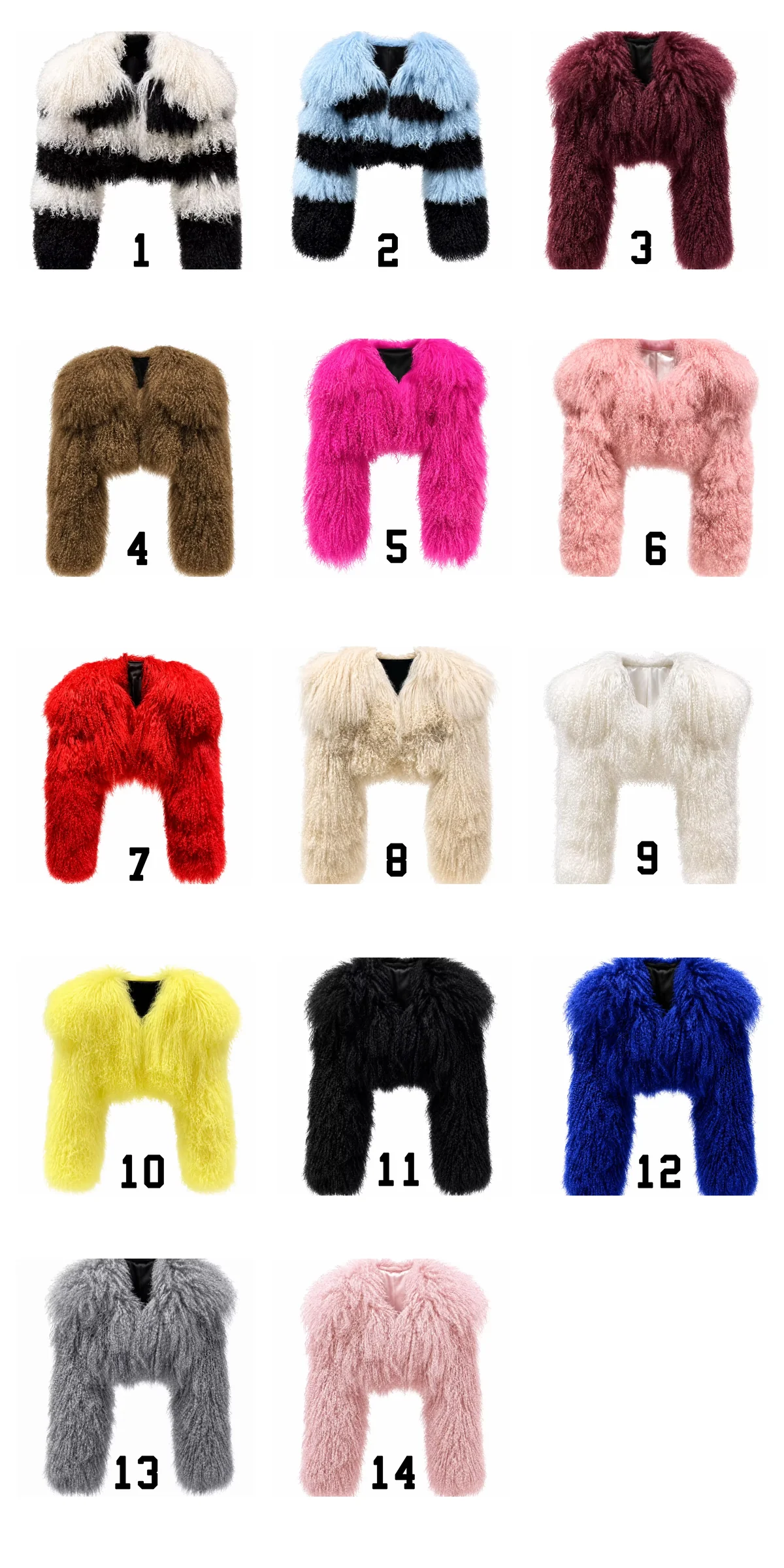 Fourteen photographed color options for a Mongolian lamb fur jacket