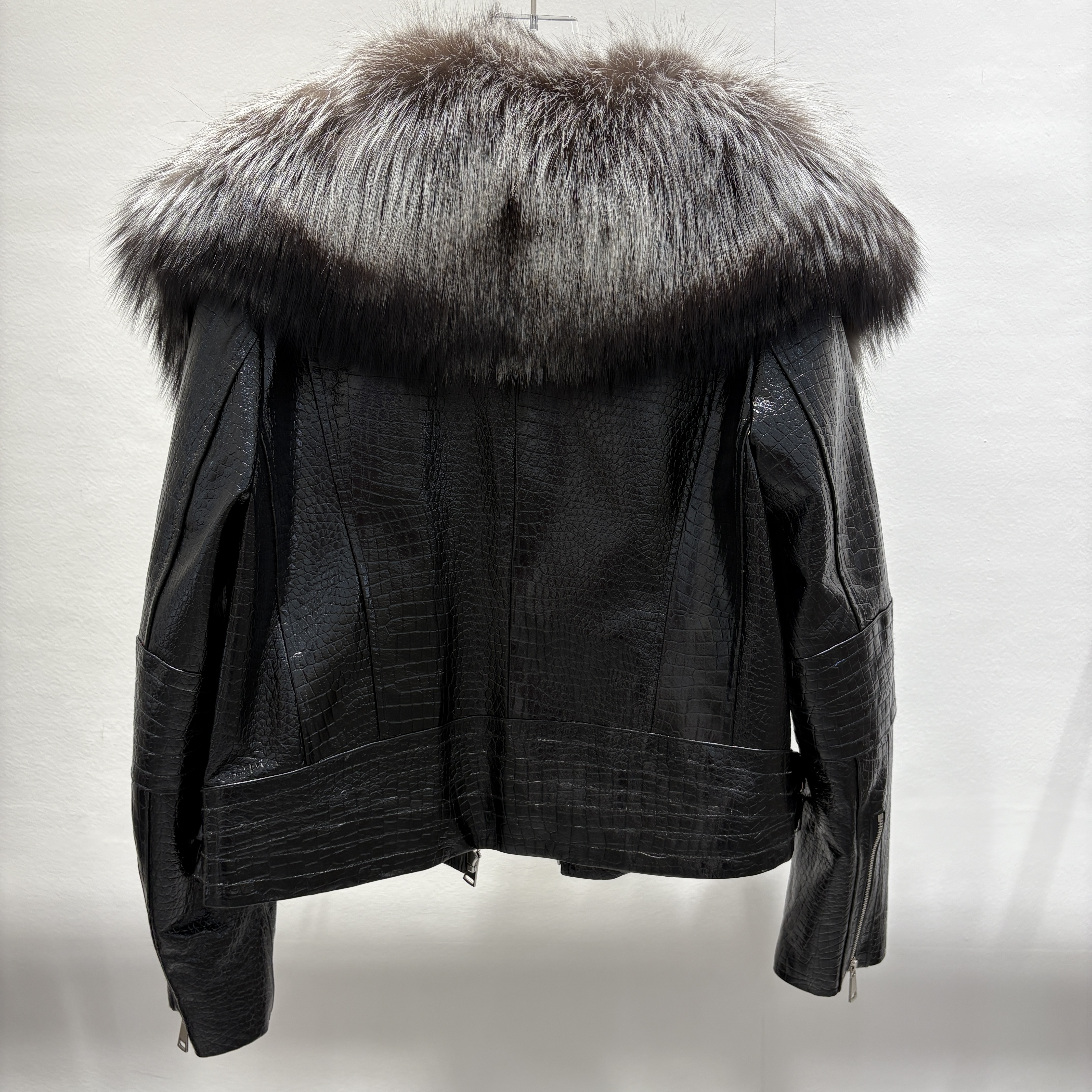 Silver fox fur collar jacket back view