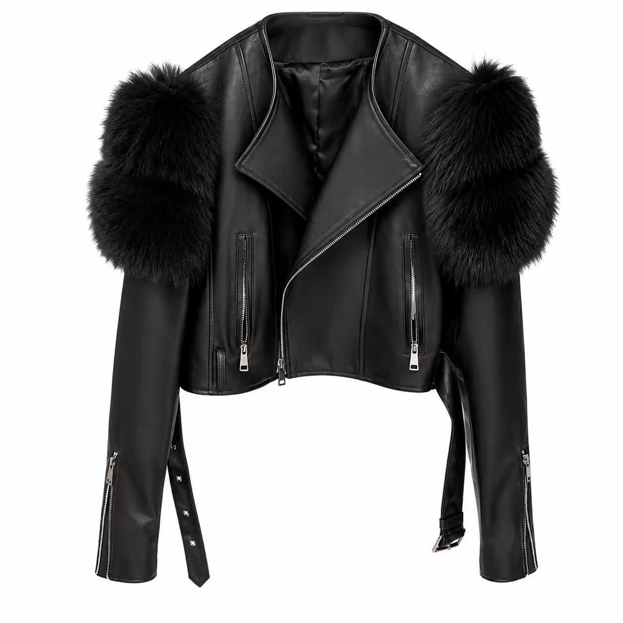 Sheepskin Leather Jacket with Fox Fur Trim — Black