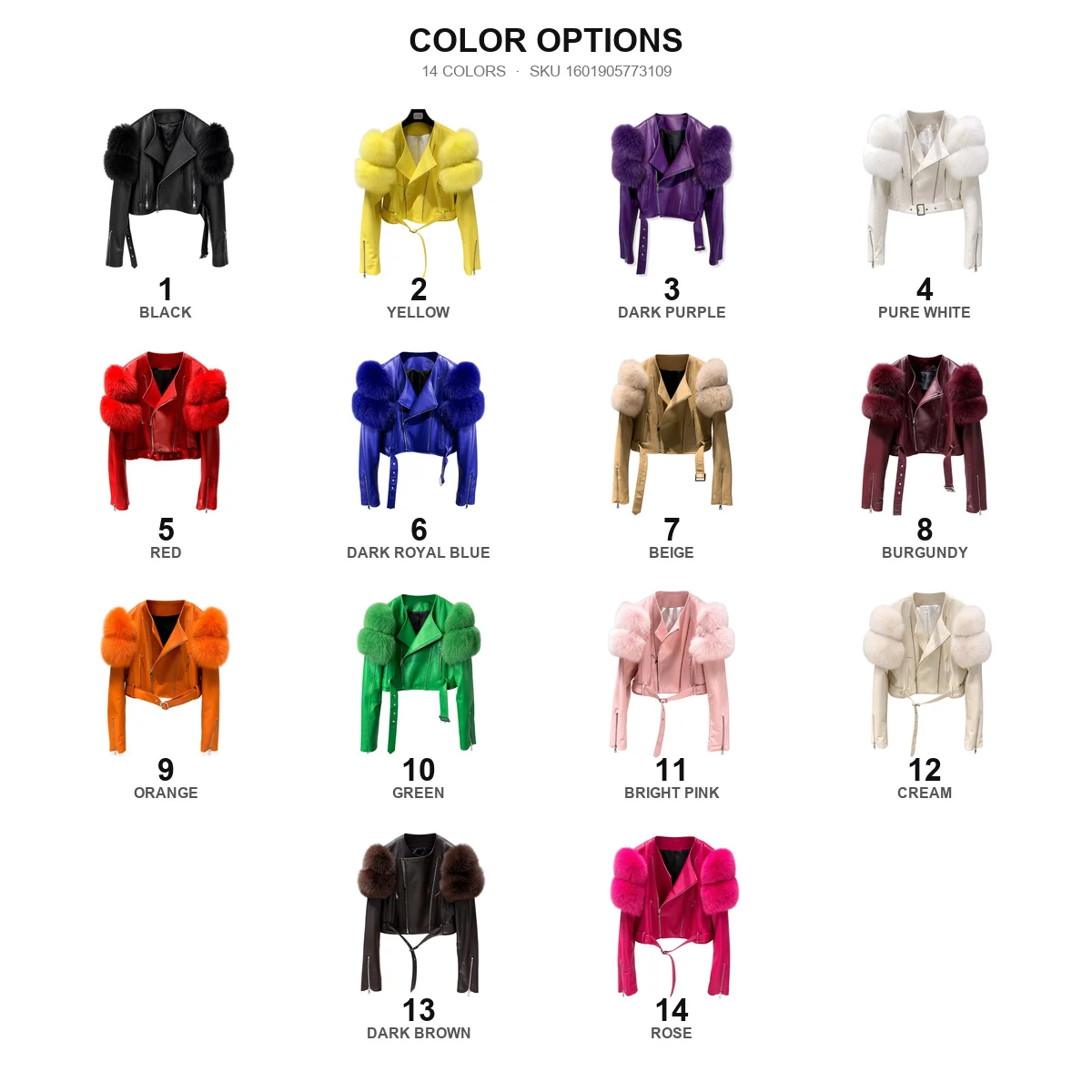 Fourteen color options shown for UMAY sheepskin leather jacket with real fox fur trim, Alibaba SKU 1601905773109