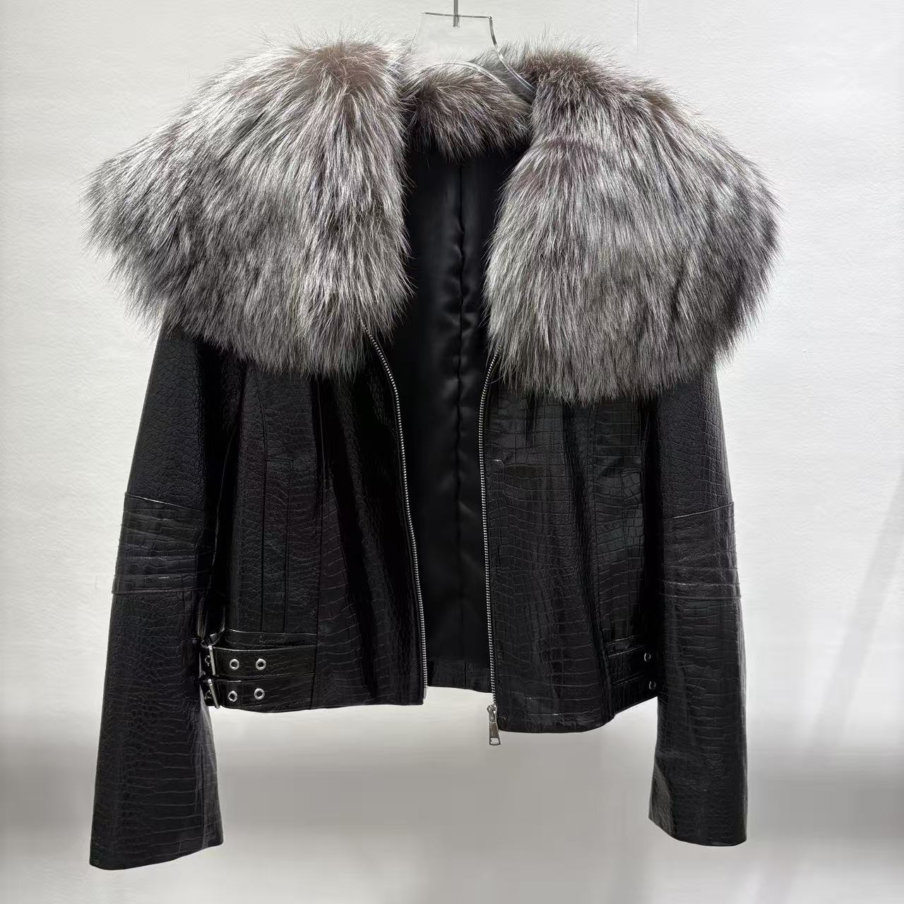 Sheepskin Leather Jacket with Silver Fox Fur Big Collar