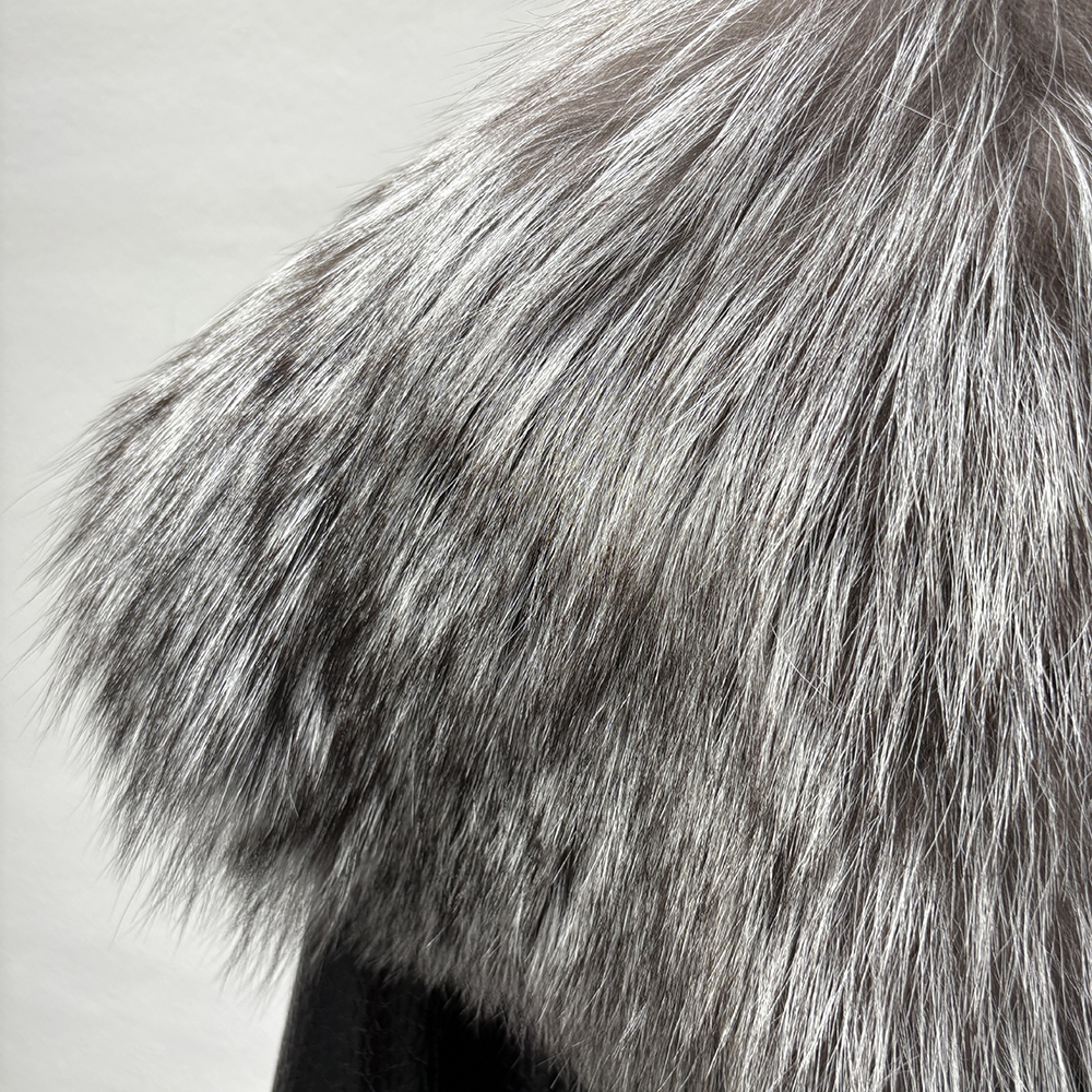 Silver fox fur collar close-up detail